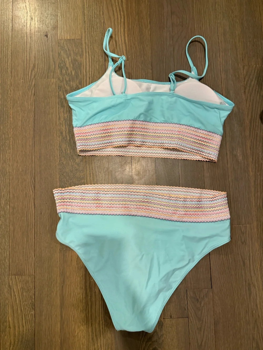 Aqua Blue Two-Piece Bikini Set with Pastel Zigzag Trim size Large